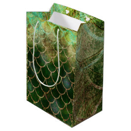 Sacola Para Presentes Média Escamas de Peixe de Sirena Brilho Verde e Dourado