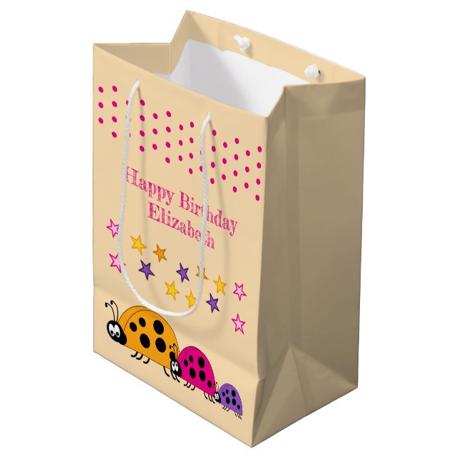 Sacola Para Presentes Média Escaravelhos brancos adicionam nomes estrelas rosa (Frente inclinada)