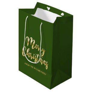 Sacola Para Presentes Média Escrito elegante de Feliz Natal verde-ouro metáli