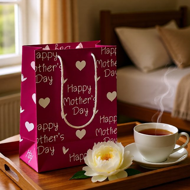 Sacola Para Presentes Média Escrito rosa-escuro do Dia de as mães feliz (Bold Dark Pink Happy Mother's Day Hearts Medium Gift Bag)