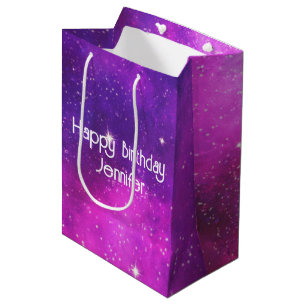 Sacola Para Presentes Média Espaço Rosa e Roxo e Estrelas Galáxias Falsas Aniv