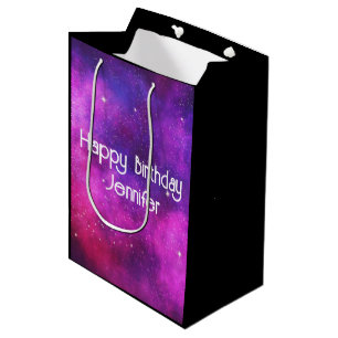 Sacola Para Presentes Média Espaço Rosa e Roxo e Estrelas Galáxias Falsas Aniv