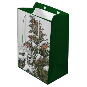 SACOLA PARA PRESENTES MÉDIA ESPÍRITO AZUL COM NEVE E PINOS