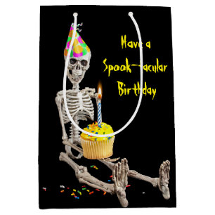 Sacola Para Presentes Média Esqueleto De Halloween Com Bolo De Aniversário