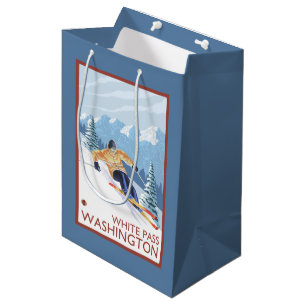 Sacola Para Presentes Média Esquiador da neve de Downhhill - passagem branca,
