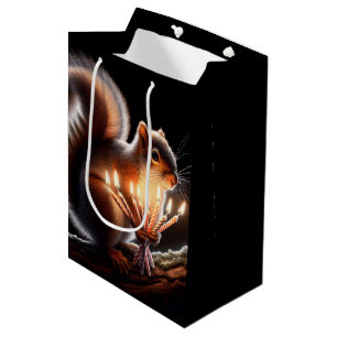 Sacola Para Presentes Média Esquilo de aniversário com velas brilhantes