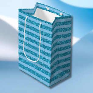 Sacola Para Presentes Média Estilo de Listras Horizontais Azul Oceano Chic com