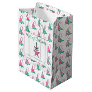 Sacola Para Presentes Média Estrela de árvore de Natal rosa e verde moderna