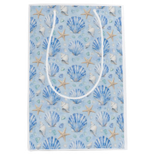 Sacola Para Presentes Média Estrela-do-Mar Concha Azul Aquarela Padrão Oceano