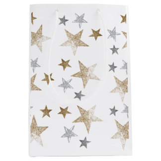 Sacola Para Presentes Média Estrelas brilhantes Douradas e prateadas