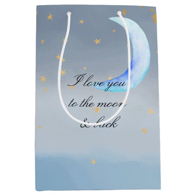 Sacola Para Presentes Média Estrelas Douradas Azuis Te Amo Lua (Frente)