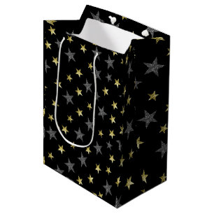 Sacola Para Presentes Média Estrelas Prateadas e Douradas Festa de Estrelas de