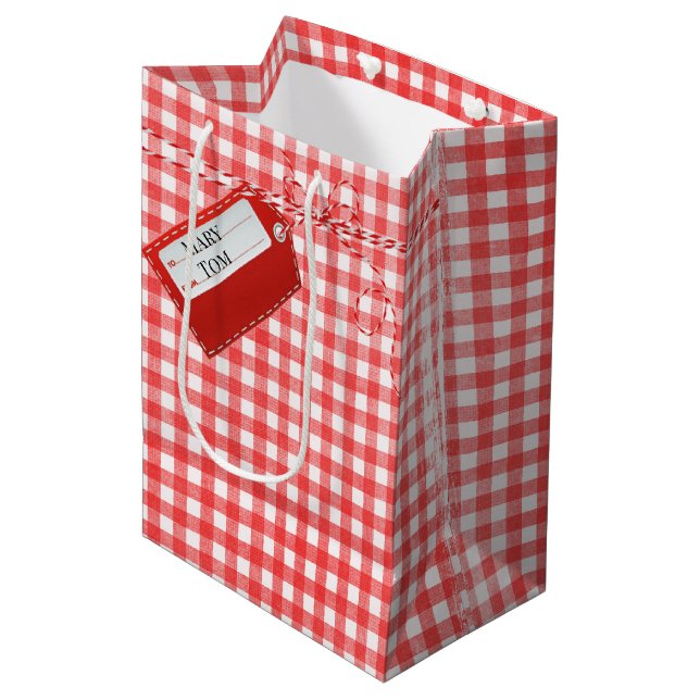 Sacola Para Presentes Média Etiqueta Red Gift Em Gingham (Frente inclinada)