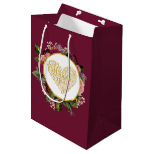 Sacola Para Presentes Média Eu Amo Você Ouro Coração Rico com Quadro Floral