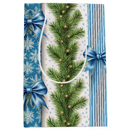 SACOLA PARA PRESENTES MÉDIA EVERGREEN GARLAND BLUE HOLIDAYS BOWS & STRIPES