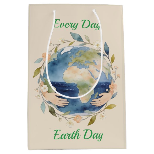 Sacola Para Presentes Média Every Day Earth Day Floral Globe With Hands (Frente)