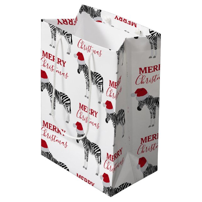 Sacola Para Presentes Média Fácil de Zebra Natal com Papai Noel (Frente inclinada)
