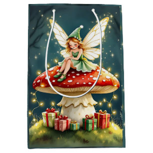 Sacola Para Presentes Média Fada do Natal no topo de uma Casa de Cogumelo Cott