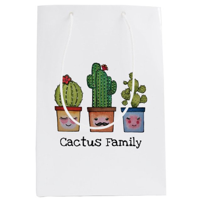 Sacola Para Presentes Média Família Cute Cactus Em Aquarela (Frente)