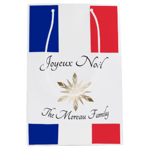 Sacola Para Presentes Média Família francesa Joyeux Noël Flag e Snowflake