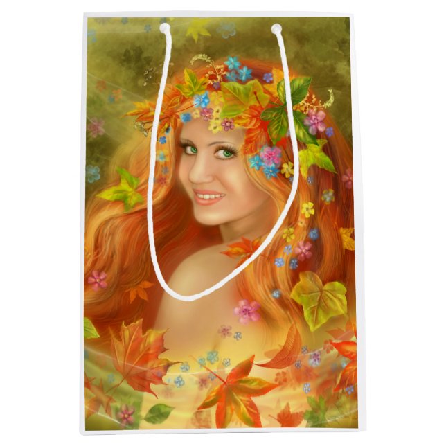 Sacola Para Presentes Média Fantasia Linda fada no outono. natureza. (Frente)