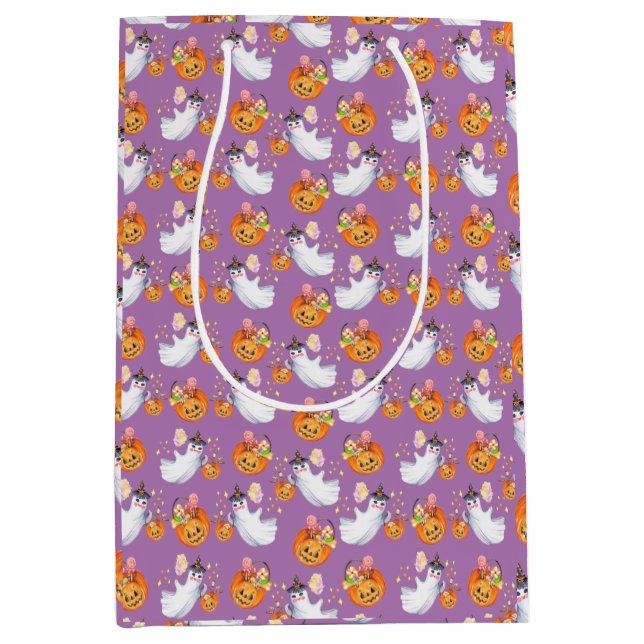 Sacola Para Presentes Média Fantasma do Halloween e moldes sem costura (Frente)