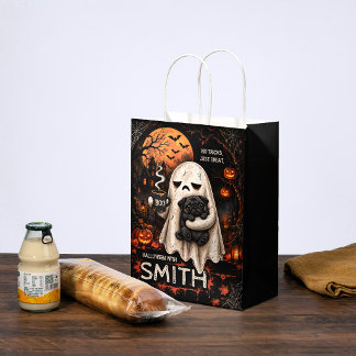 Sacola Para Presentes Média Fantasma Mal-Humorado Segurando Cachorro Pug Preto