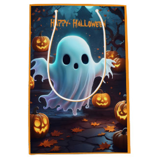Sacola Para Presentes Média Fantasmagórico Cute Little Ghost e Abóboras, perso