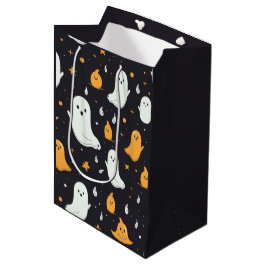 Sacola Para Presentes Média Fantasmagóricos Brancos e Dourados Estrelas Preto 