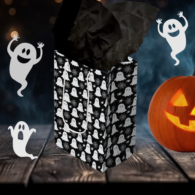 Sacola Para Presentes Média Fantasmas bonitos | Aranhas | Spider Webs Hallowee (Cute Ghosts | Spiders | Spider Webs Halloween Gift Bag)