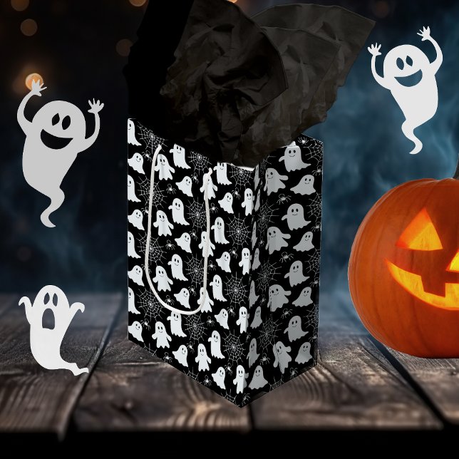 Sacola Para Presentes Média Fantasmas bonitos | Aranhas | Spider Webs Hallowee (Cute Ghosts | Spiders | Spider Webs Halloween Gift Bag)