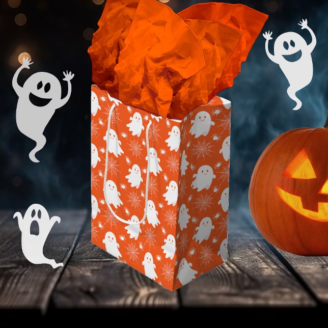 Sacola Para Presentes Média Fantasmas bonitos | Aranhas | Spider Webs Hallowee (Cute Ghosts | Spiders | Spider Webs Halloween Orange and White Gift Bag)