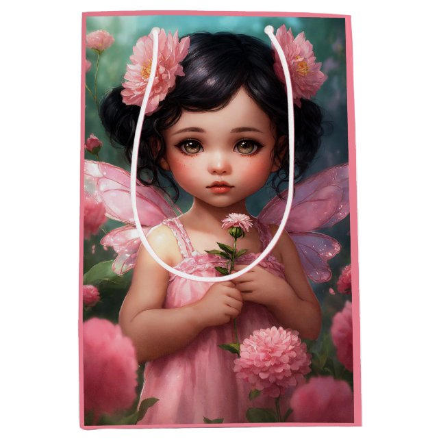 Sacola Para Presentes Média Fantástica Linda Fada Rosa (Frente)