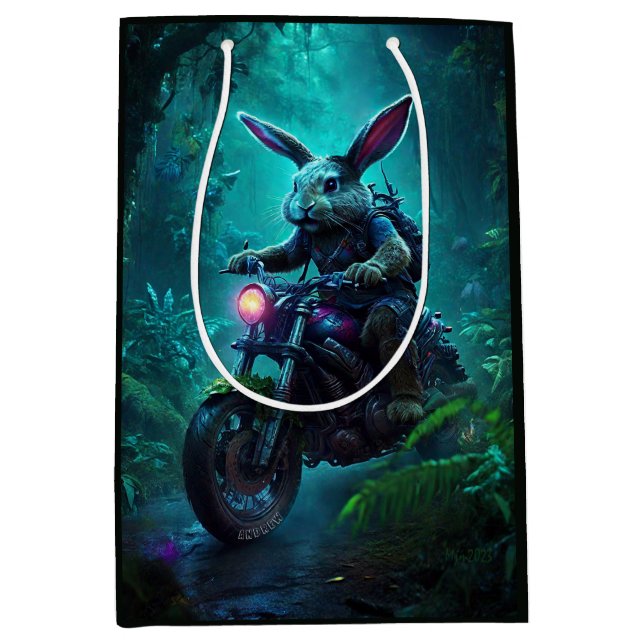 Sacola Para Presentes Média Fantasy Bunny Rabbit Em Moto (Frente)