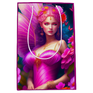 Sacola Para Presentes Média Fantasy Fuchsia Flor Borboletas