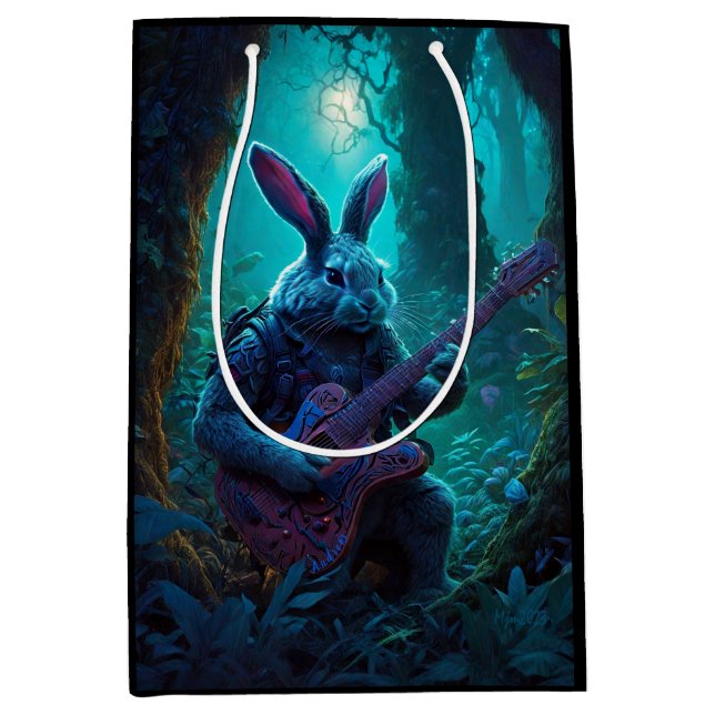 Sacola Para Presentes Média Fantasy Rabbit tocando violão (Frente)