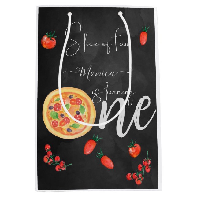 Sacola Para Presentes Média Fatia de diversão, primeiro aniversário de pizza (Frente)