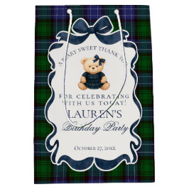 Sacola Para Presentes Média Favor de Aniversário Urso Laço Coquete Préppy Xadr