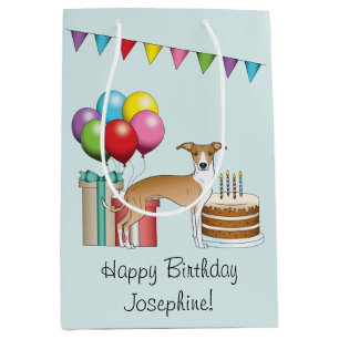 Sacola Para Presentes Média Fawn e Branco Italiano Greyhound Aniversário Color