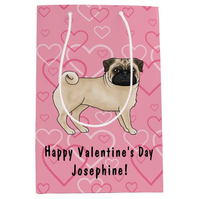 Sacola Para Presentes Média Fawn Pug Dog Cartoon Mops Pink Love Heart Pattern (Frente)