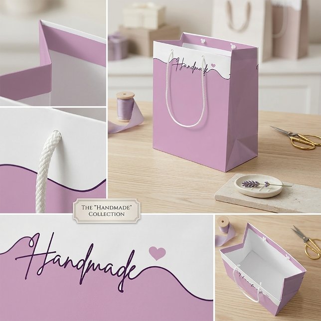 Sacola Para Presentes Média Feito à Mão Com Amor Embalagem para Pequenos Negóc (Lavender "Handmade" gift bag with white rope handles for boutique small business packaging)