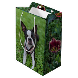 Sacola Para Presentes Média Felicidade Boston Terrier com Fotografia de Flores