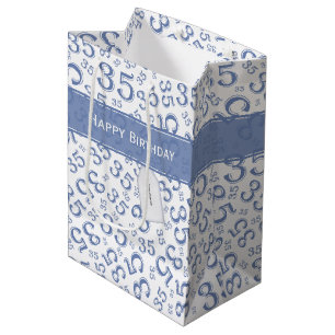 Sacola Para Presentes Média Feliz 35º aniversário Número Padrão Azul/Branco
