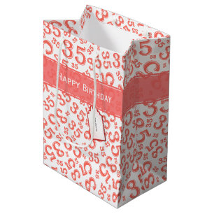 Sacola Para Presentes Média Feliz 35º aniversário Número Padrão Coral/Branco