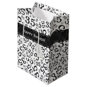 Sacola Para Presentes Média Feliz 35.º aniversário Padrão preto/branco