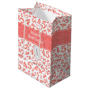 Sacola Para Presentes Média Feliz 45º aniversário Número Padrão Coral/Branco