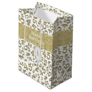 Sacola Para Presentes Média Feliz 45º aniversário Padrão Dourado/Branco