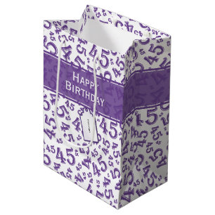 Sacola Para Presentes Média Feliz 45º aniversário Padrão Roxo/Branco