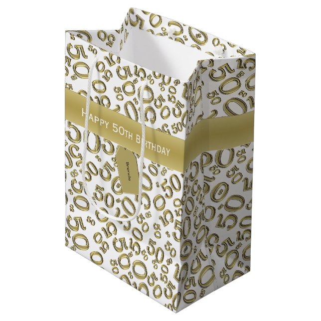 Sacola Para Presentes Média Feliz 50º Aniversário Padrão Dourado/Branco (Frente inclinada)