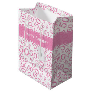 Sacola Para Presentes Média Feliz 50º aniversário Padrão Rosa/Branco